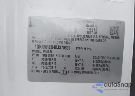 2011 GMC Acadia Slt-1 из США, поврежденный, VIN 1GKKVRED4BJ370802